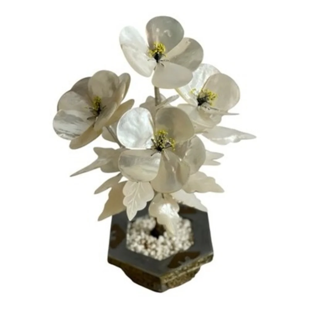 Vintage Mother of Pearl Capiz Shell Flower Bonsai Tree Bronze Planter 12”